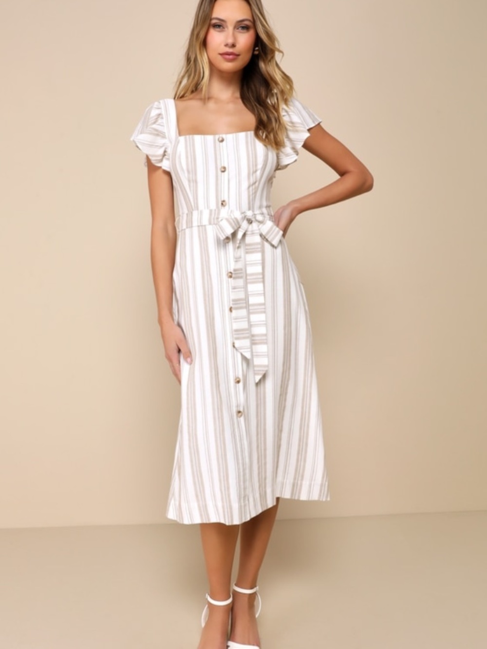 Lulus Mediterranean Moves White Striped Flutter Sleeve Midi Dress - Size M